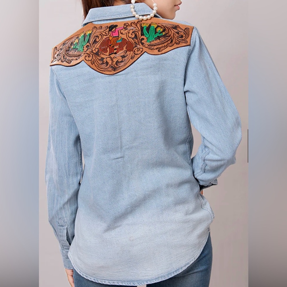 Bucking Bronc Tooled Leather Denim Shirt Jacket